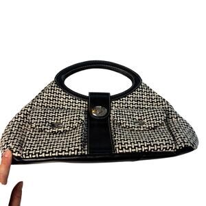 VTG Tommy Hilfiger black white tweed handbag. Black leather trim, handles.